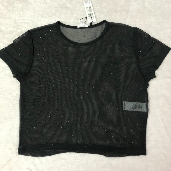 NWT Garage Black Mesh Short Sleeve Crop Top With Rhinestones Size Small - Picture 3 of 9